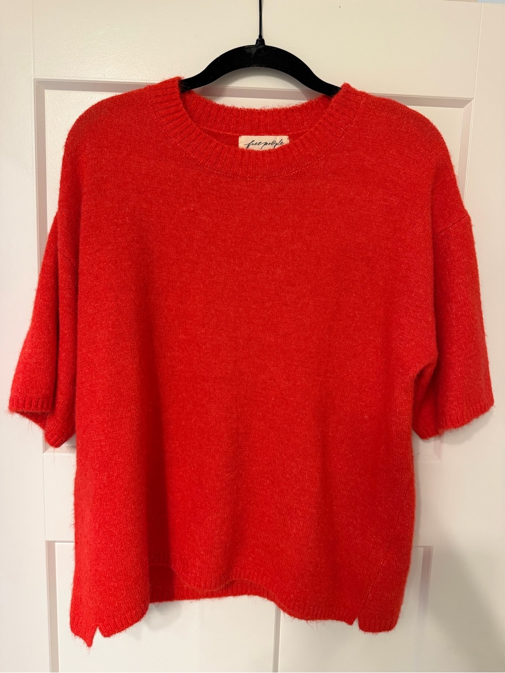 Free People Short-Sleeve Crewneck Sweater in Bright Red